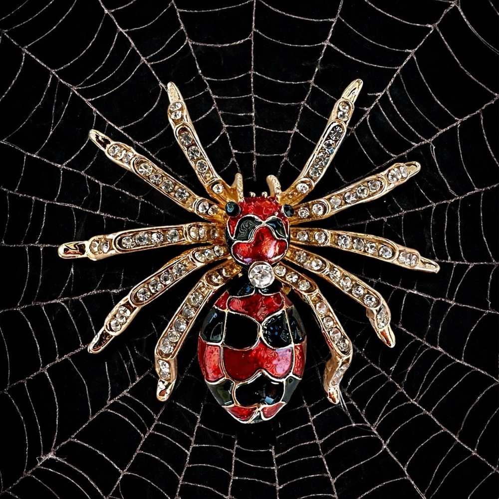 Stunning large, red and black widow spider brooch pin rhinestones, fancy NWOT